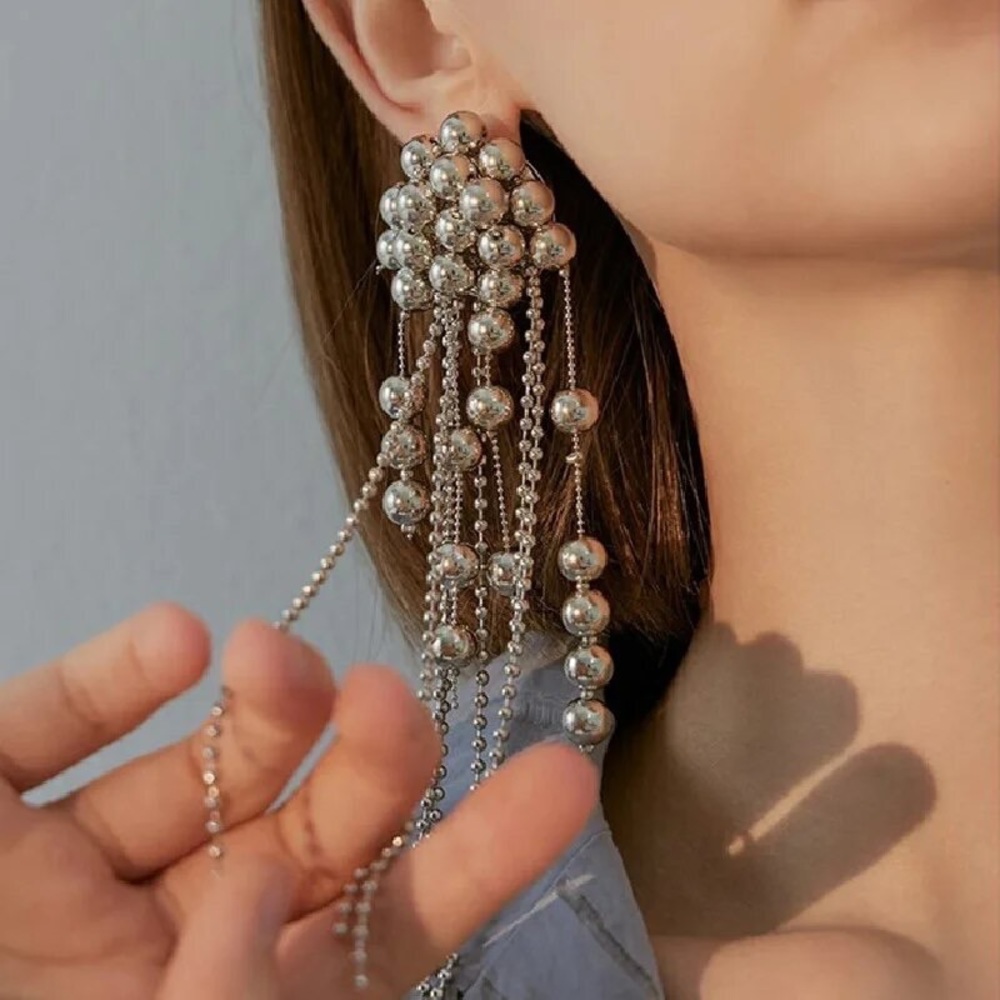 Zara EDGE NYC Uneven Chunky Dangle Mercury Pearl Pin Earrings long - Picture 4 of 16